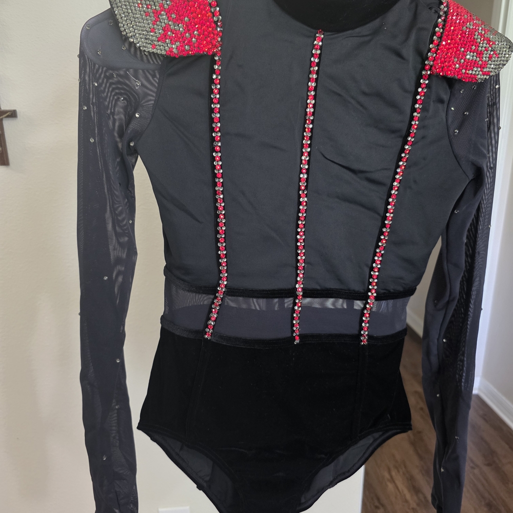 Balera Black  Dance Bodysuit W/ Rhinstones , Black And Red Joggers